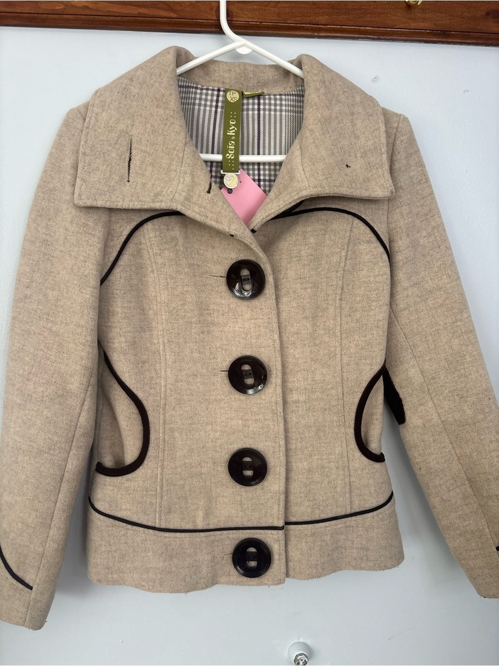 Soia & Kyo Beige Wool-Blend Pea Coat with Dark Trim